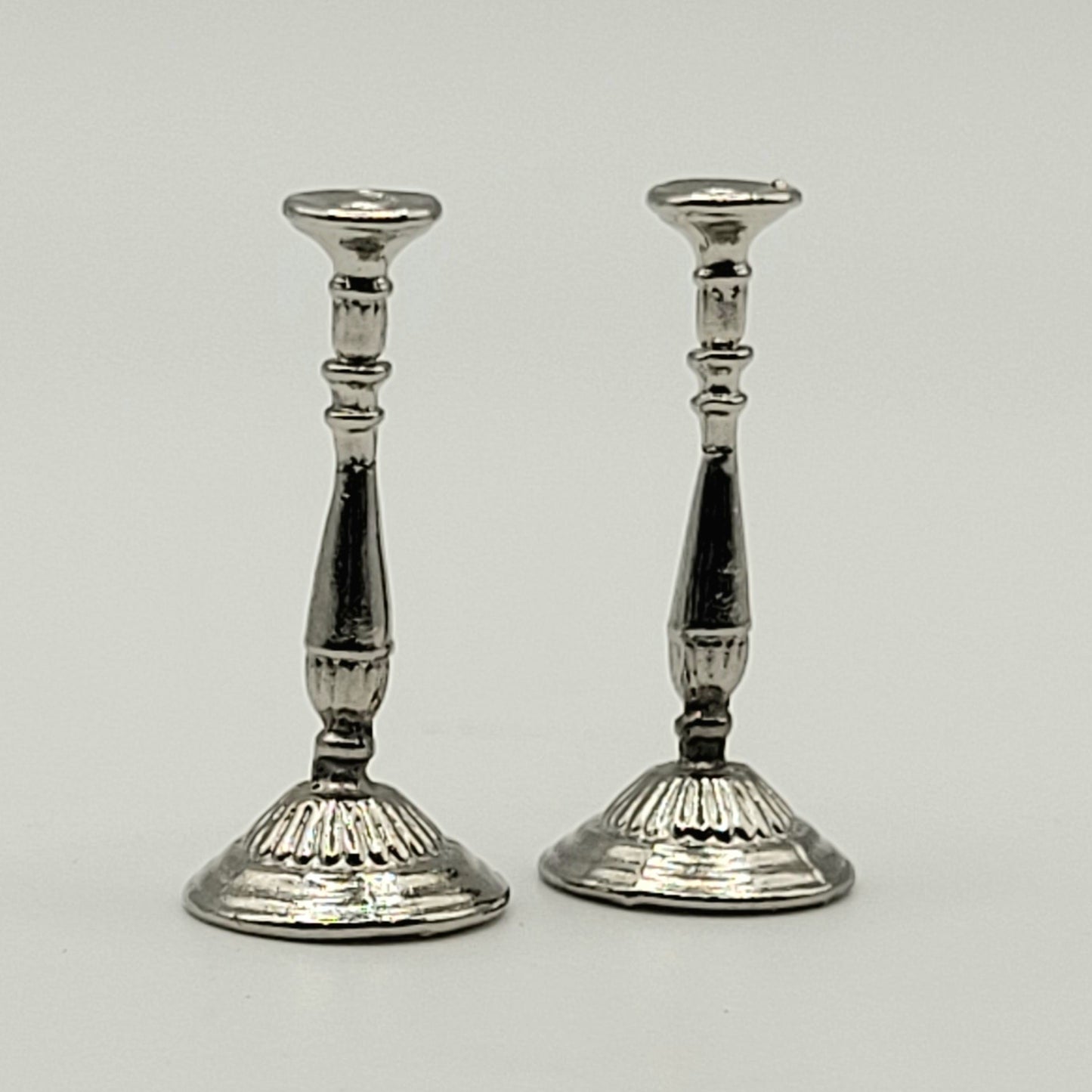 Pair of Slender Decorative Silver Candlesticks - 1/12 Scale Dollhouse Miniature