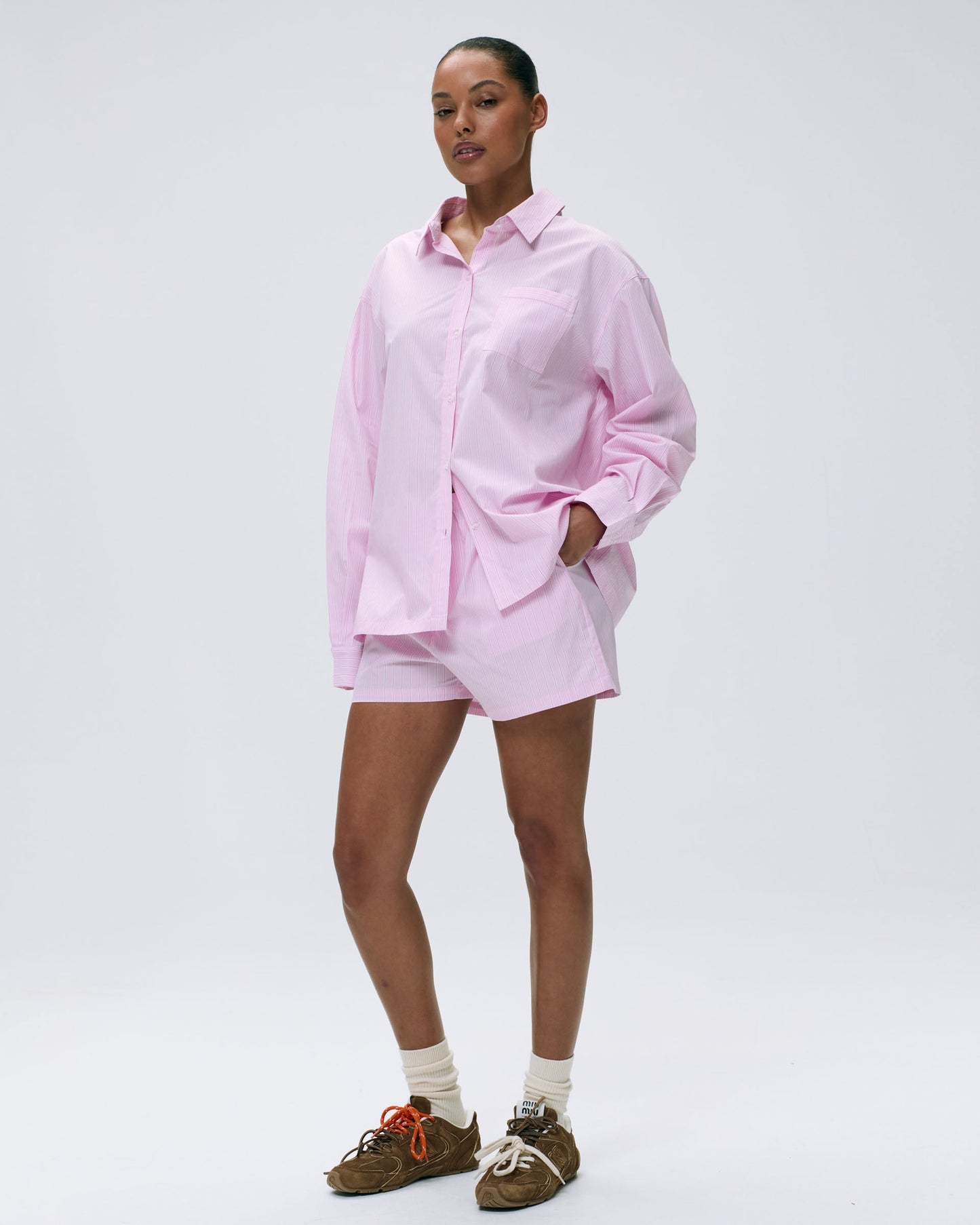 Cotton Stripe Oversized Shirt - Pink/White