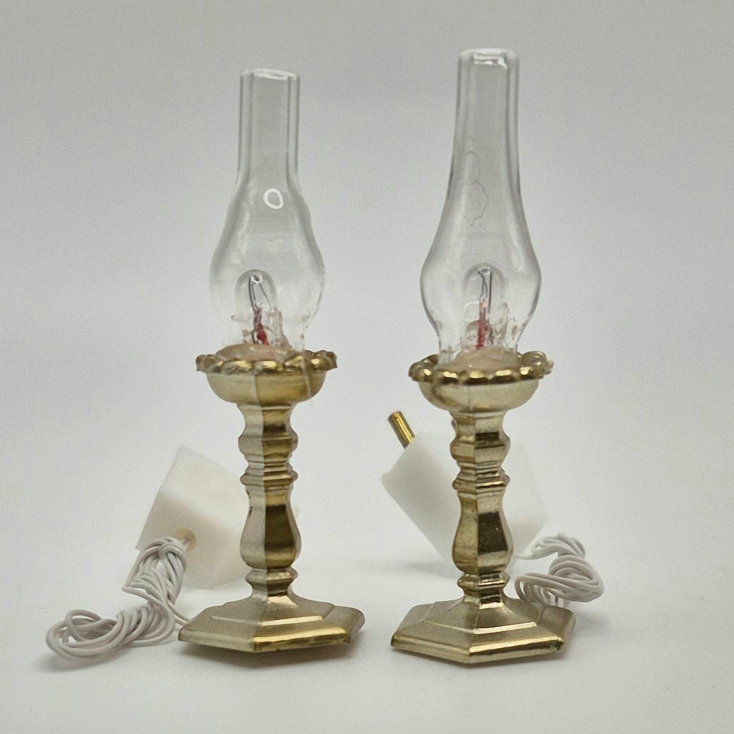 Pair of Hurricane Lamps - Plastic Base/Glass Chimney - 12 Volt - 1/12 Scale Dollhouse Miniature