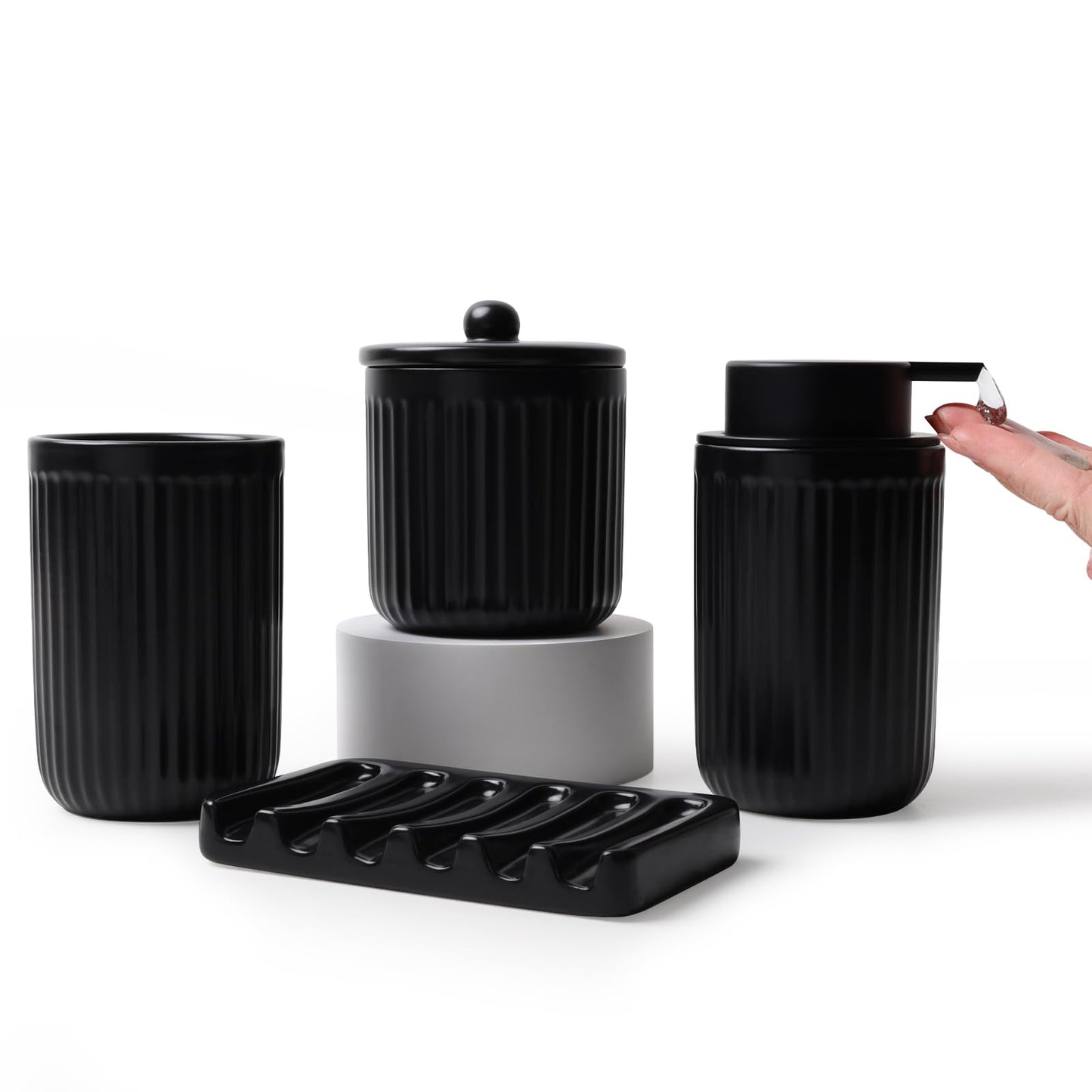 BosilunLife Ceramic Bathroom Accessories Set - Bathroom Counter Soap Set Black Bathroom Decor Sets Accessories Bathroom Lotion Soap Dispenser and Toothbrush Holder Set Soap Dish Apothecary Jars