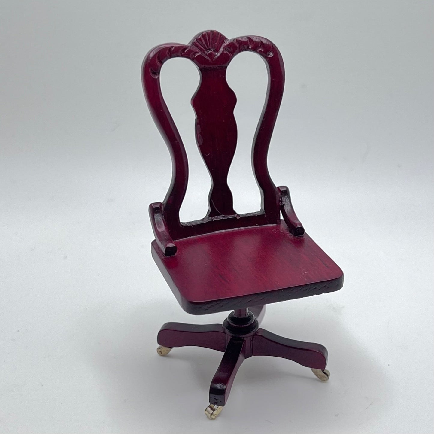 Mahogany Wooden Desk Chair - Metal Castors - 1/12 Scale Dollhouse Miniature
