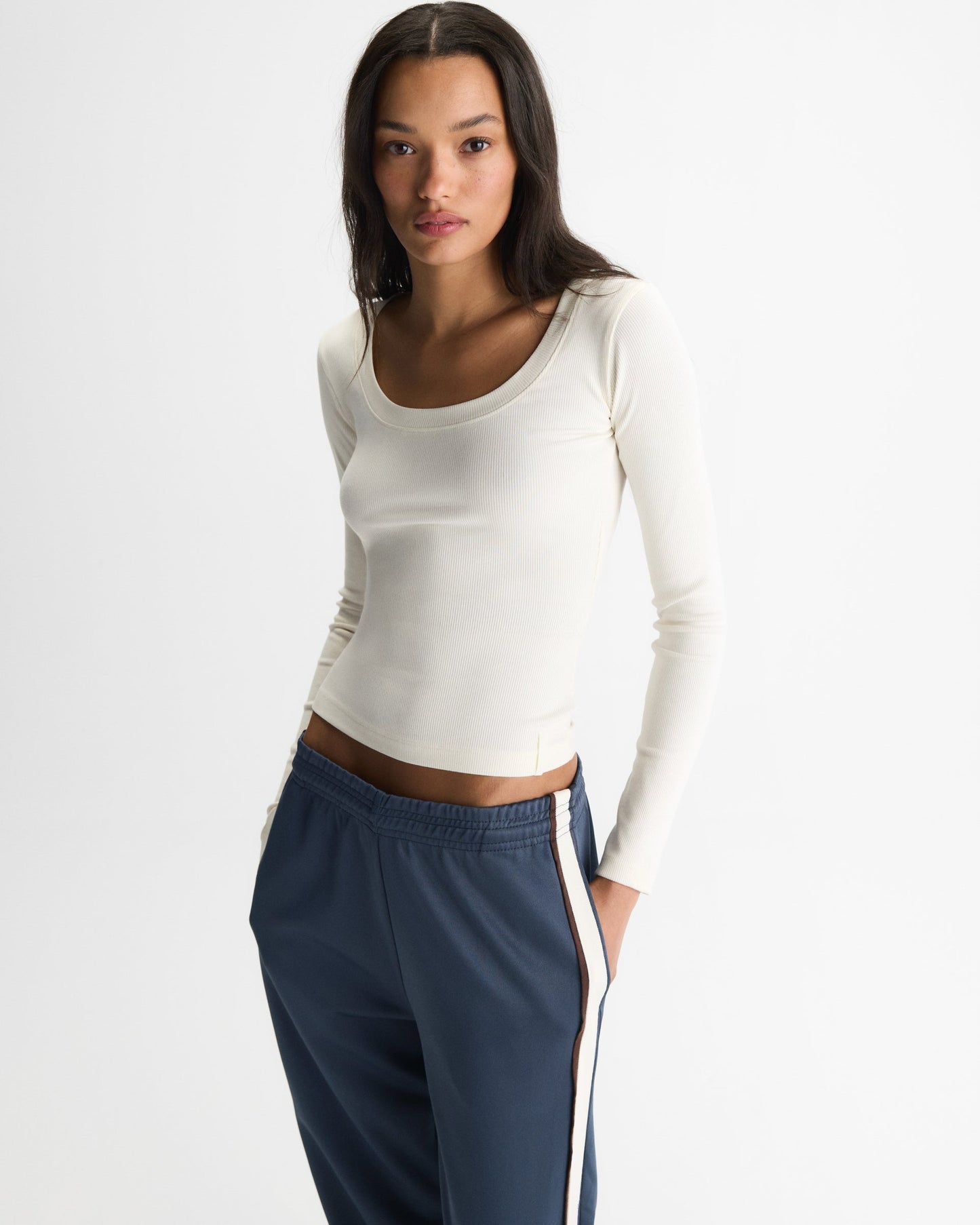 Modal Soft Rib Scoop Neck Long Sleeve Top - Marshmallow White