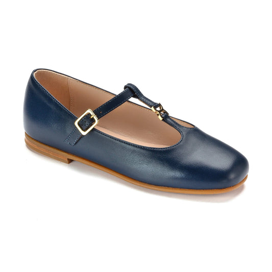 1574 - Blue Leather Girls T-strap Dress Shoes