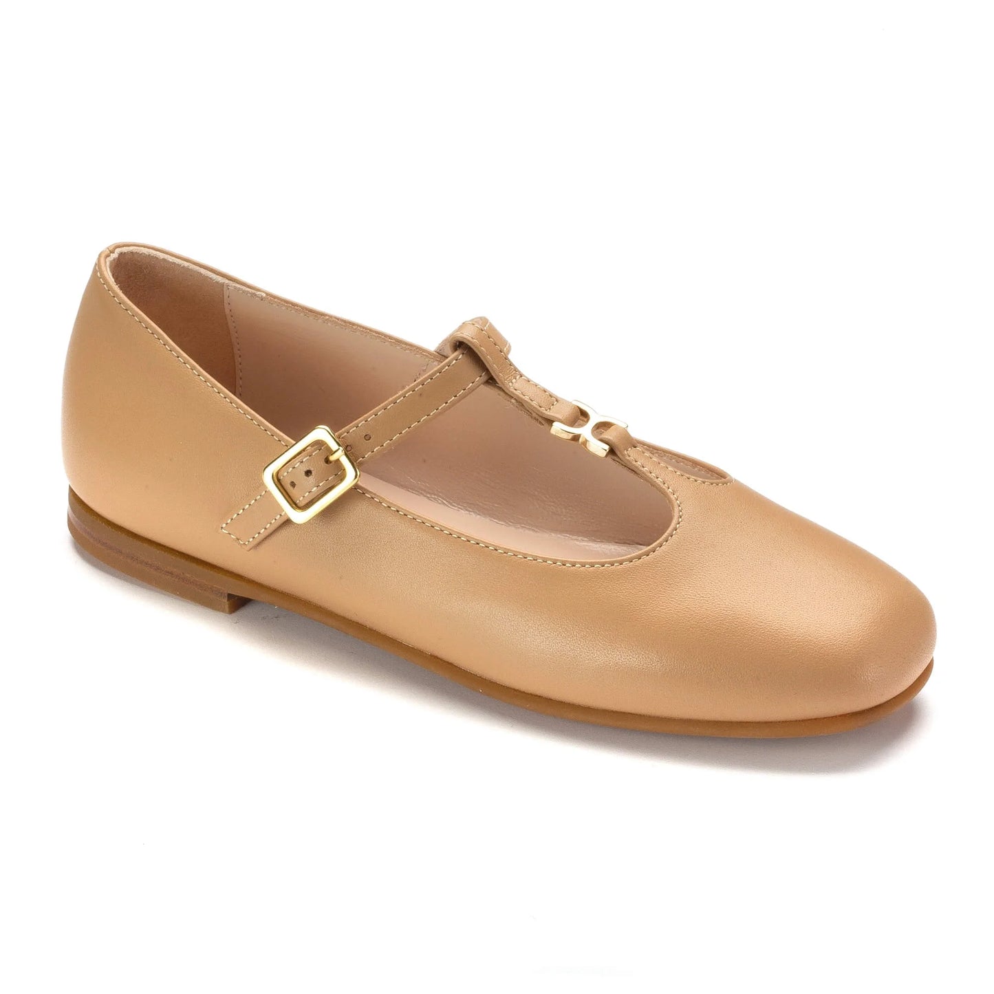 1574 - Taupe Leather Girls T-strap Dress Shoes