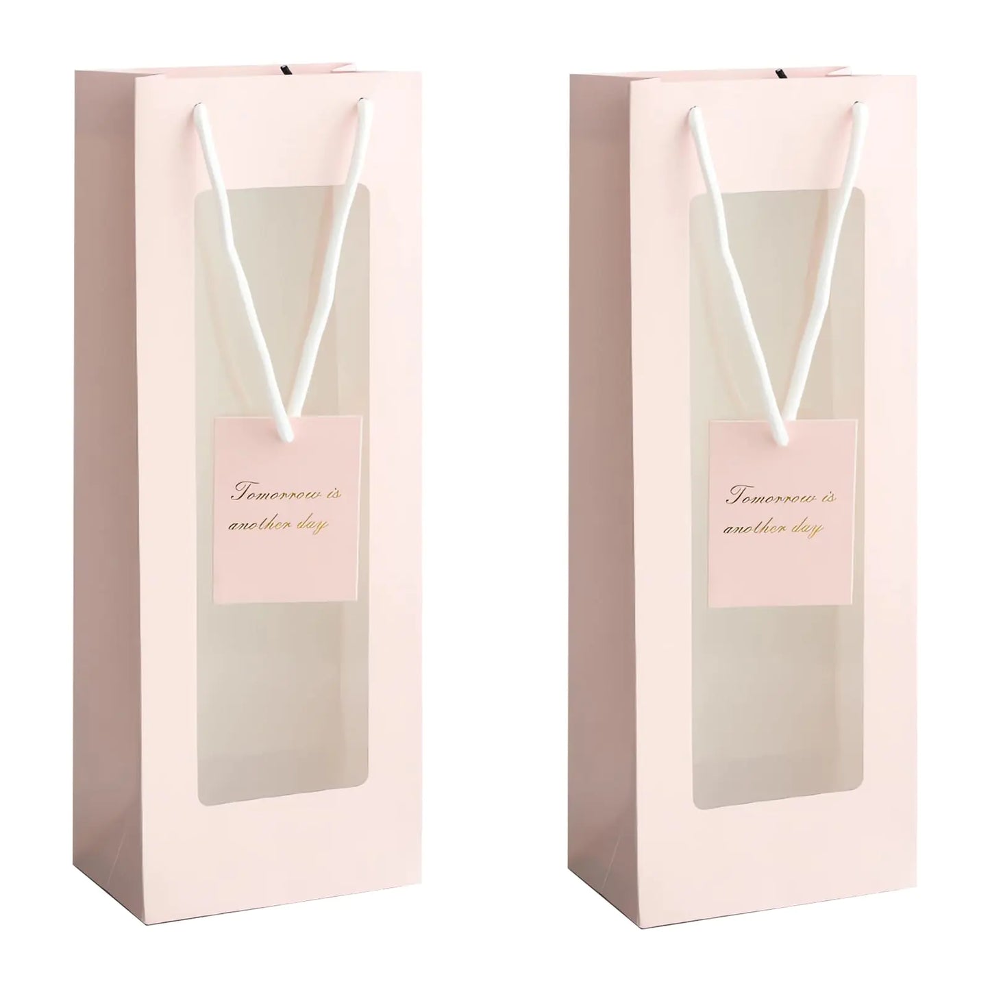 HANSWARE 2PCS Wine Gift Bag Clear Window Wine Bags for Wine Bottles Gifts Paper Bottle Gift Bags with Handles for ValentinesWeddingEasterChristmasBaby ShowerBirthday PartyPink
