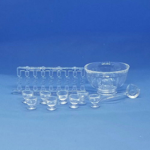 Clear Plastic Punch Bowl Set - 18 Pieces - 1/12 Scale Dollhouse Miniature