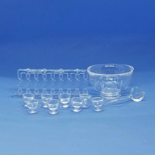 Clear Plastic Punch Bowl Set - 18 Pieces - 1/12 Scale Dollhouse Miniature
