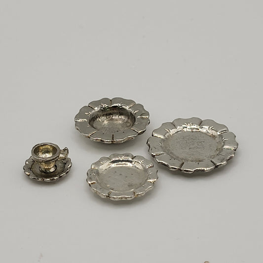 Silver Plated 5-Piece Set - Plates and Tea Cup - 1/12 Scale Dollhouse Miniature