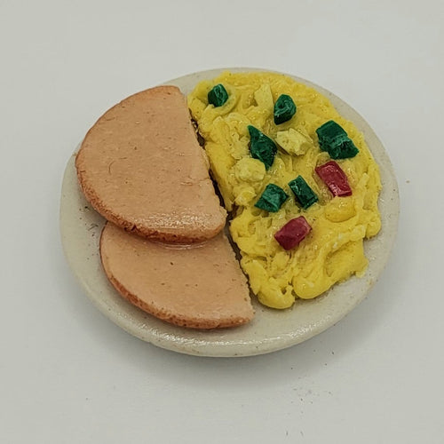Ham and Eggs Breakfast on Ceramic Plate - 1/12 Scale Dollhouse Miniature Food