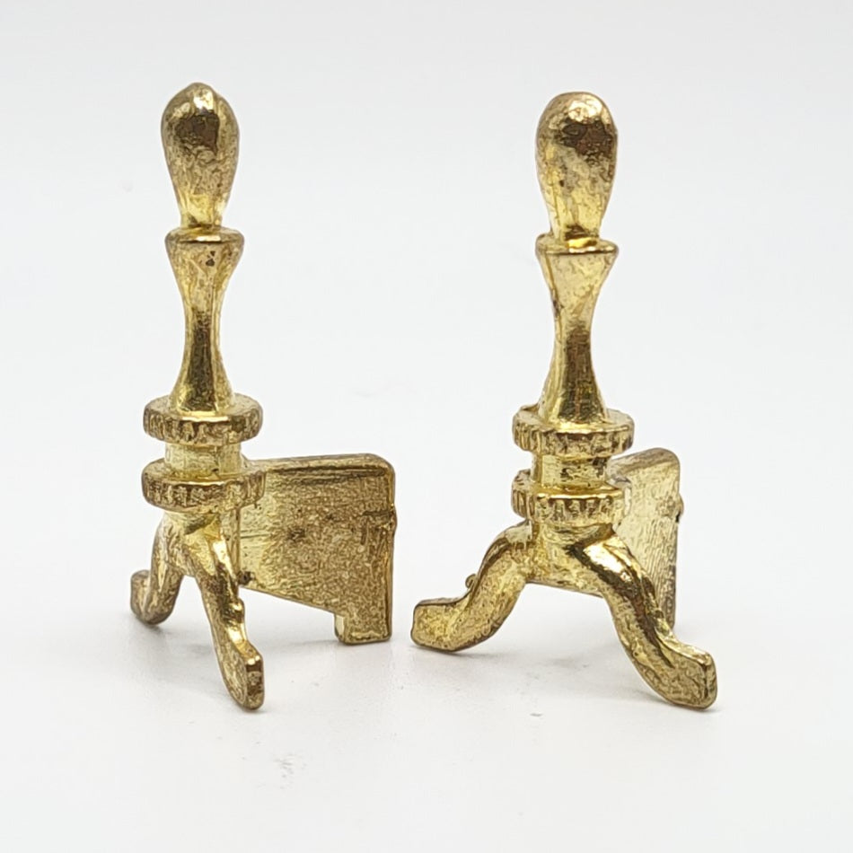 Pair of Bright Brass Andirons for Fireplace - 1/12 Scale Dollhouse Miniature