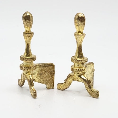 Pair of Bright Brass Andirons for Fireplace - 1/12 Scale Dollhouse Miniature