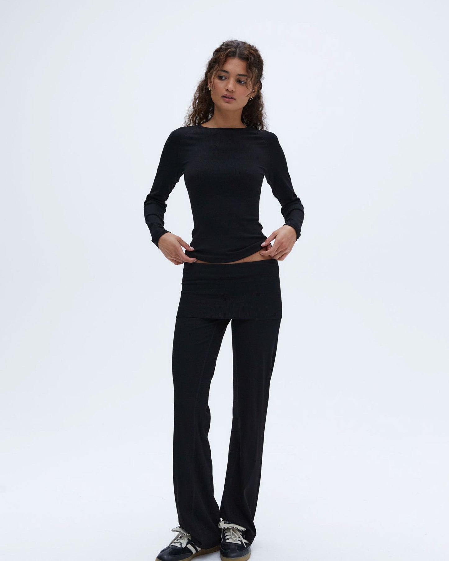 Rib Fold Over Pants - Black