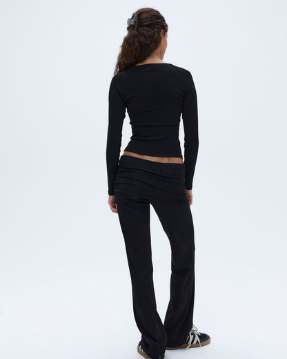 Rib Fold Over Pants - Black