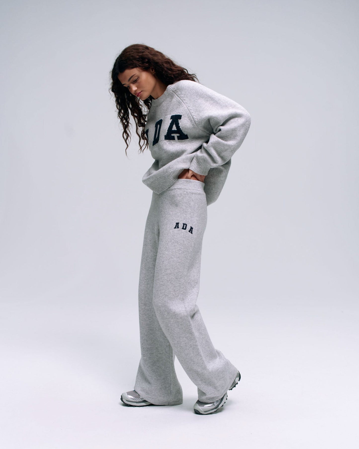 ADA Knit Straight Leg Sweatpants - Light Grey Melange/Navy Blue