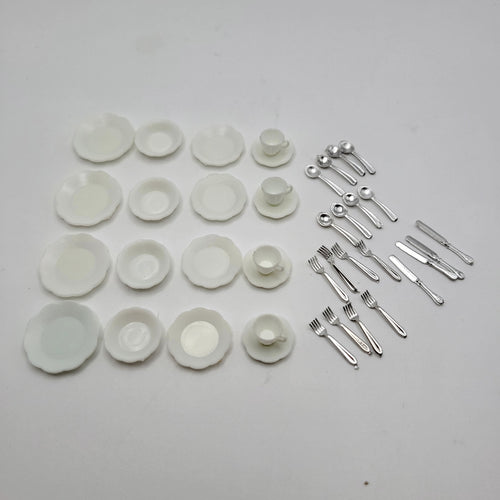 40-Piece Set of White Dishes and Cutlery - 1/12 Scale Dollhouse Miniature