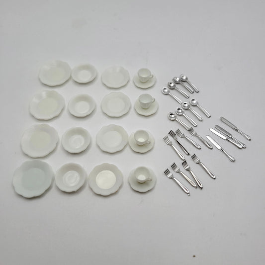 40-Piece Set of White Dishes and Cutlery - 1/12 Scale Dollhouse Miniature