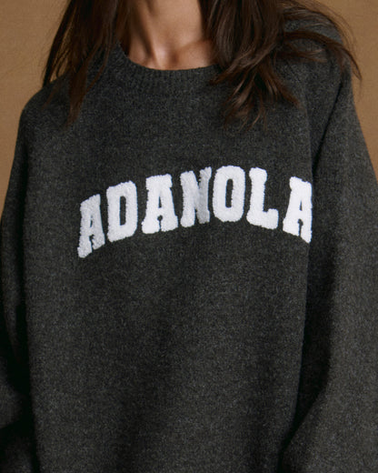 Varsity Boucle Oversized Knit Sweatshirt - Charcoal Grey/Marshmallow White