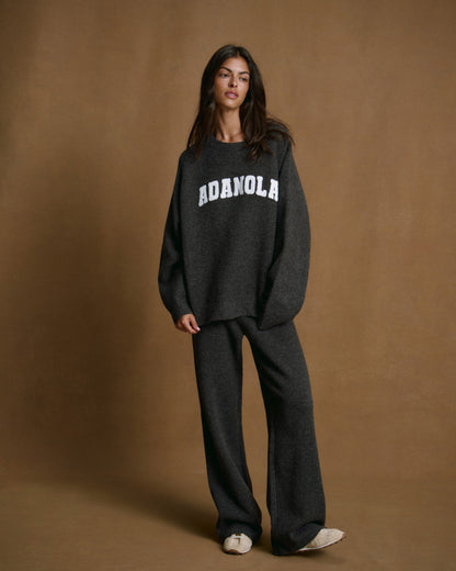 Varsity Boucle Oversized Knit Sweatshirt - Charcoal Grey/Marshmallow White