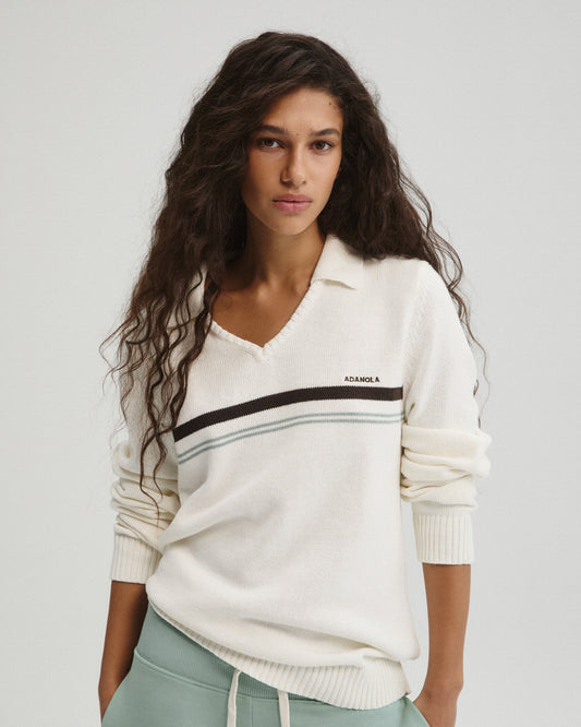 Knit Stripe Polo Top - Marshmallow White
