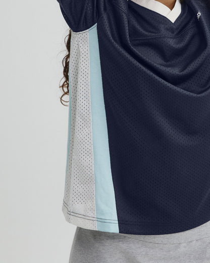 Collared Mesh Long Sleeve Jersey Top - Midnight Blue