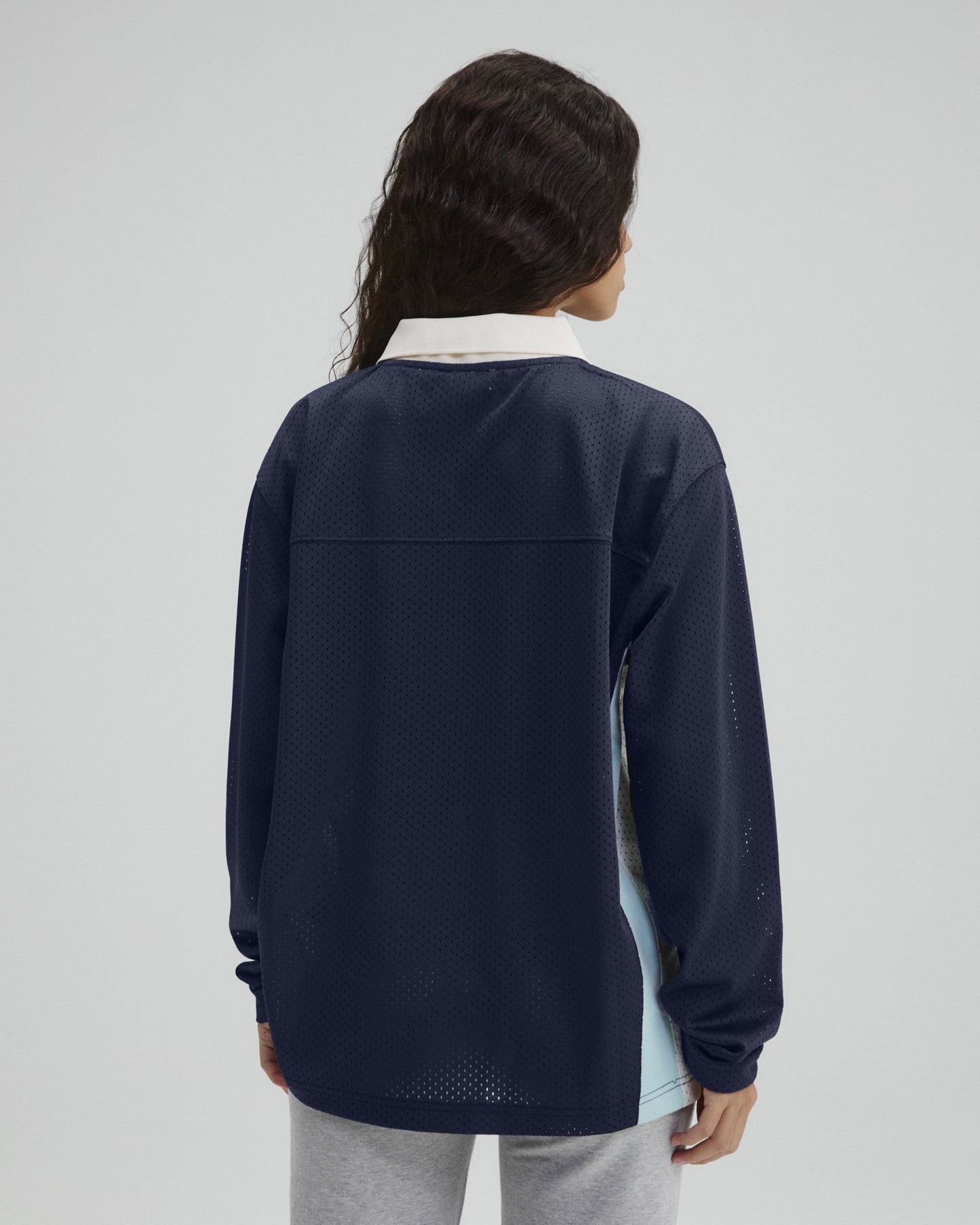 Collared Mesh Long Sleeve Jersey Top - Midnight Blue
