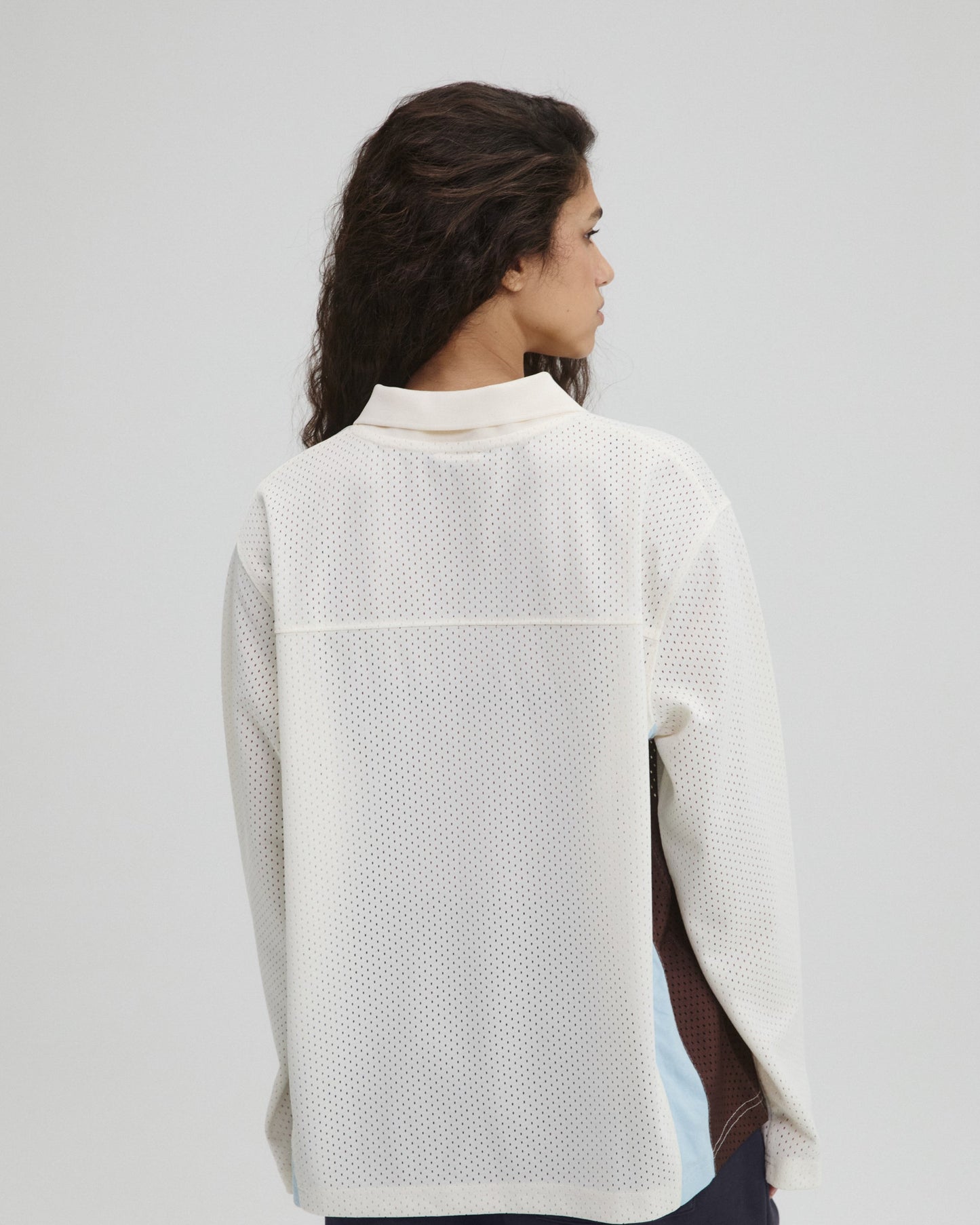 Collared Mesh Long Sleeve Jersey Top - Marshmallow White