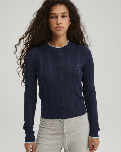Rib Knit Contrast Tipping Cardigan - Navy Blue/Ocean Blue