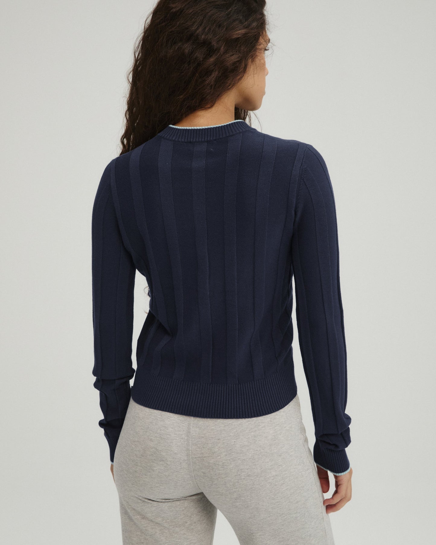 Rib Knit Contrast Tipping Cardigan - Navy Blue/Ocean Blue