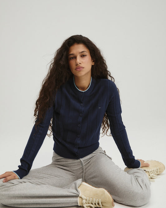 Rib Knit Contrast Tipping Cardigan - Navy Blue/Ocean Blue