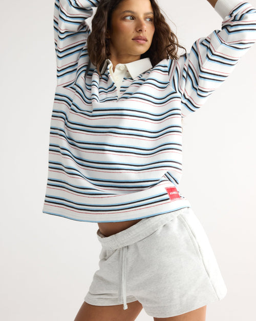 Varsity Oversized Stripe Rugby Sweatshirt - Airy Blue/Marshmallow White