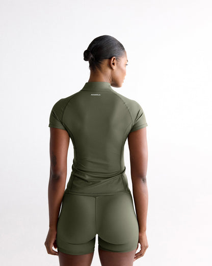 Ultimate Short Sleeve Zip Up Top - Olive Green