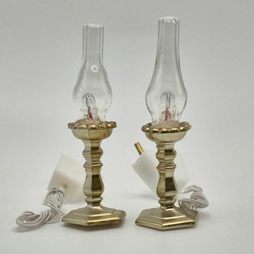 Pair of Hurricane Lamps - Plastic Base/Glass Chimney - 12 Volt - 1/12 Scale Dollhouse Miniature