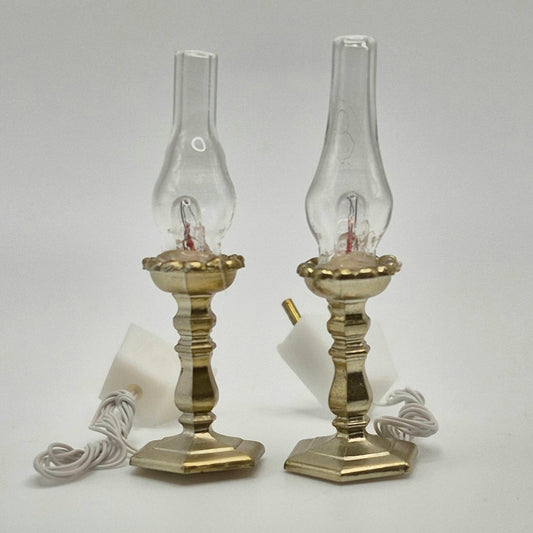 Pair of Hurricane Lamps - Plastic Base/Glass Chimney - 12 Volt - 1/12 Scale Dollhouse Miniature