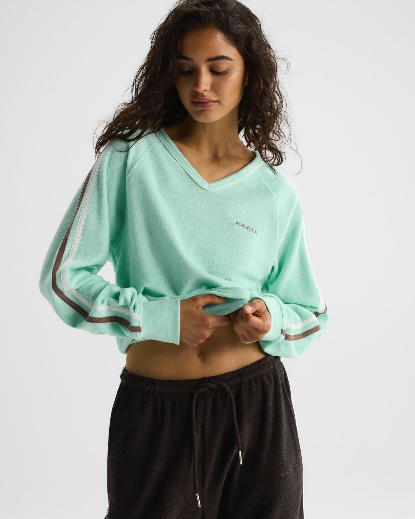 Terry Towelling V-Neck Sweatshirt - Mint Green