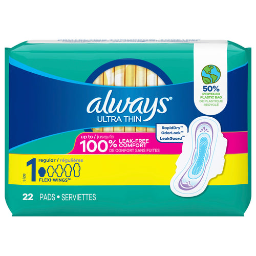 Always Ultra Thin Pads with Flexi-Wings, Size 1, Regular, Unscented, 22 CT - 22 CT 12 Pack