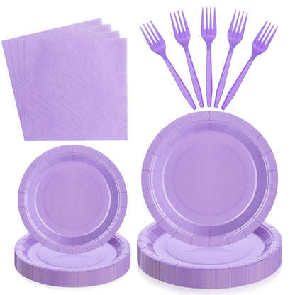 DI QIU REN 100 PCS Purple Party Supplies Set with Purple Paper PlatesLavender Disposable Purple Party PlatesPurple Party Decoration Lavender Napkin Plastic Fork for Party Wedding BirthdayServes 25
