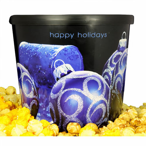 Argires Snacks Holiday Blue Ornament Tub Cheddarcorn & Caramel corn Mix (Seasonal, ships November - January) - 1 GAL 1 Pack