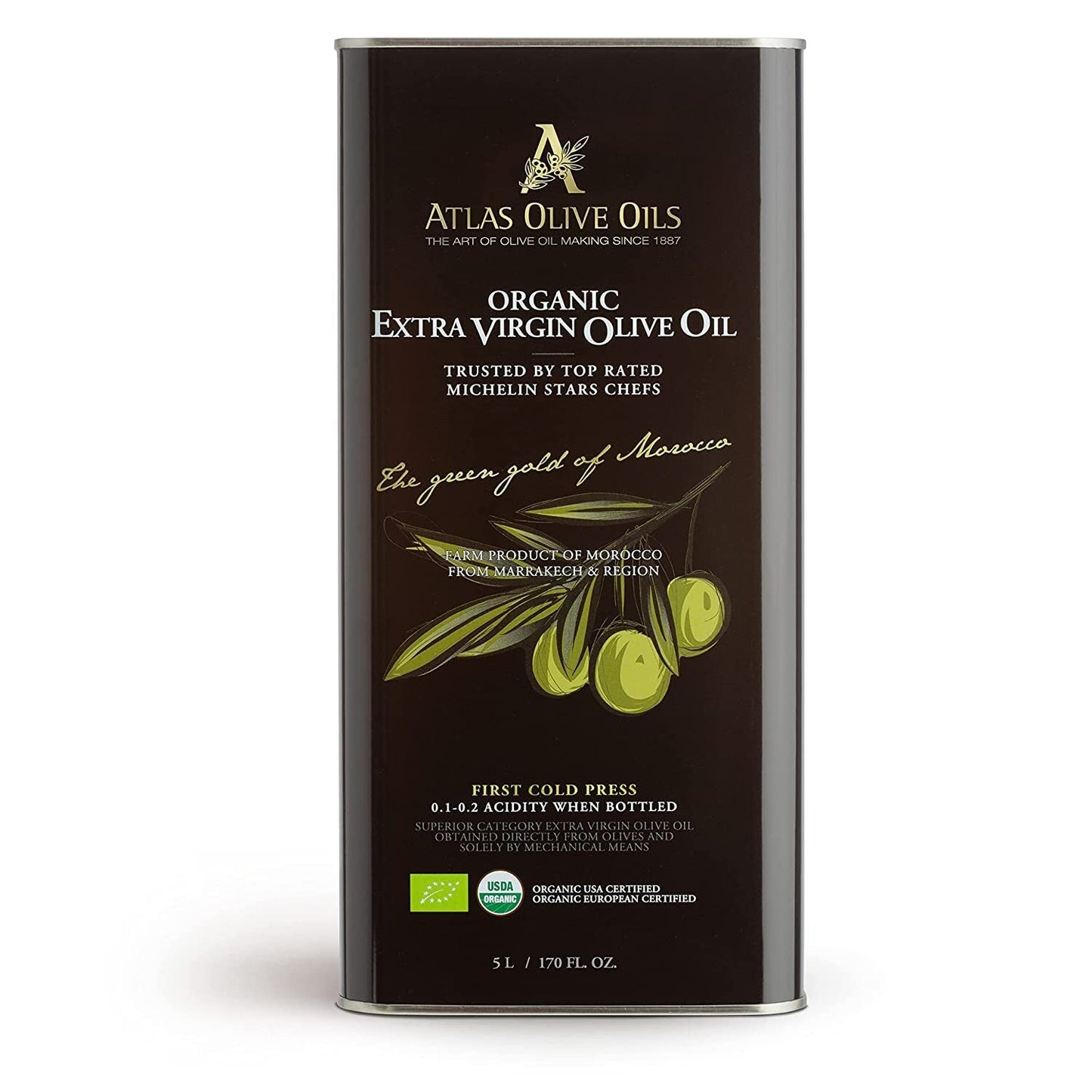 Atlas Olive Oils Usa Inc ATLAS Organic extra Virgin Olive Oil Metal TIN of 5L - 170 OZ 4 Pack