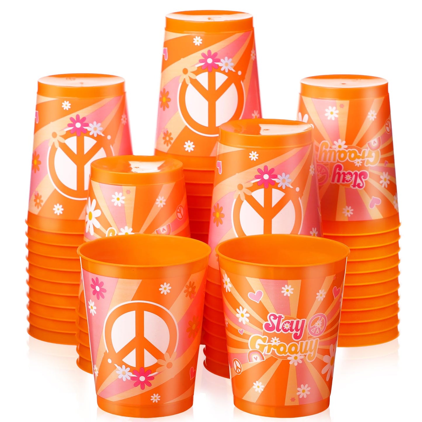 Cholemy 50 Pcs Groovy Plastic Cups Birthday Party Favors 12 oz Reusable Boho Retro Hippie Disposable Clear Cups Party Drinking Cup Bulk for Kids Wedding Baby Shower Party Supplies Coffee Beverages