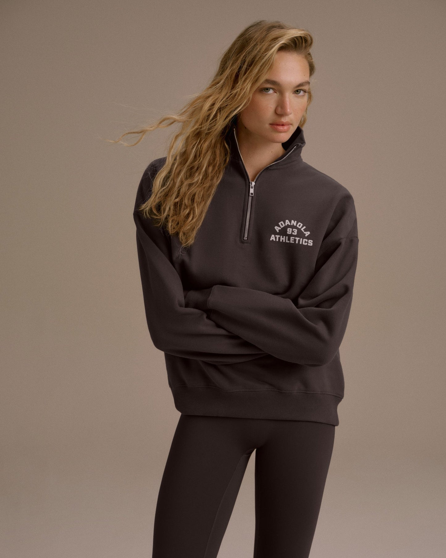 Campus Oversized Funnel Neck Zip Sweatshirt - Washed Coffee Bean/Marshmallow White