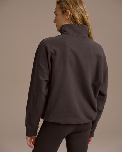Campus Oversized Funnel Neck Zip Sweatshirt - Washed Coffee Bean/Marshmallow White