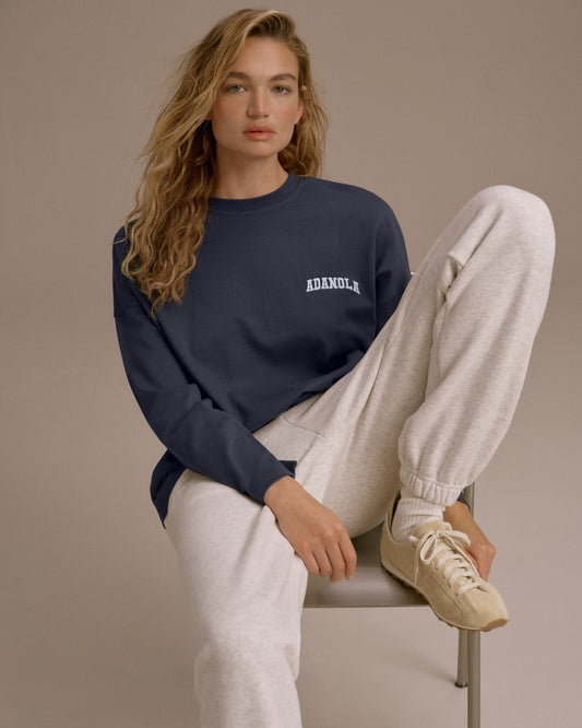 Varsity Long Sleeve Drop Shoulder T-shirt - Midnight Blue/Marshmallow White