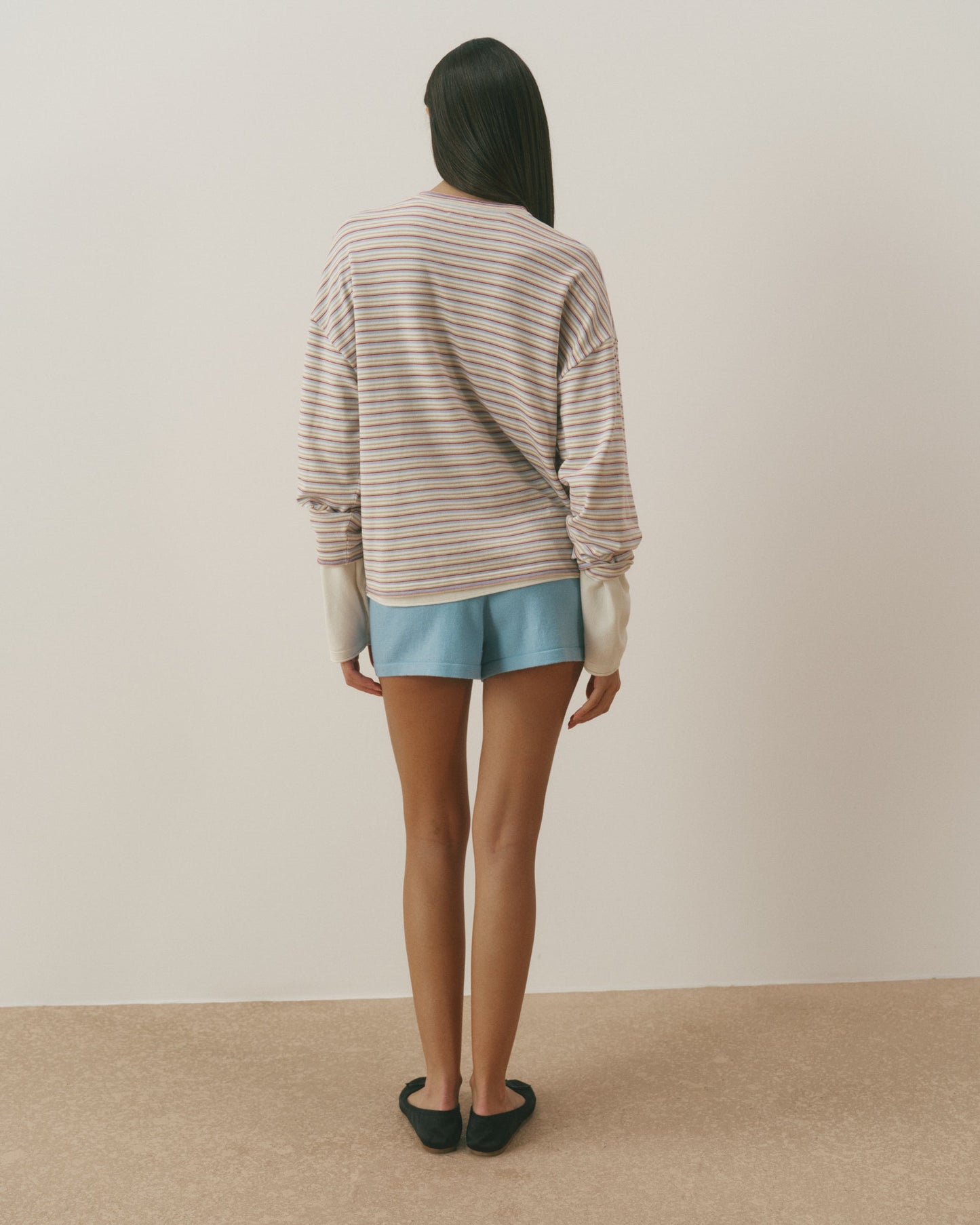 Varsity Knit Roll Hem Stripe Sweatshirt - Marshmallow White