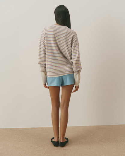 Varsity Knit Roll Hem Stripe Sweatshirt - Marshmallow White