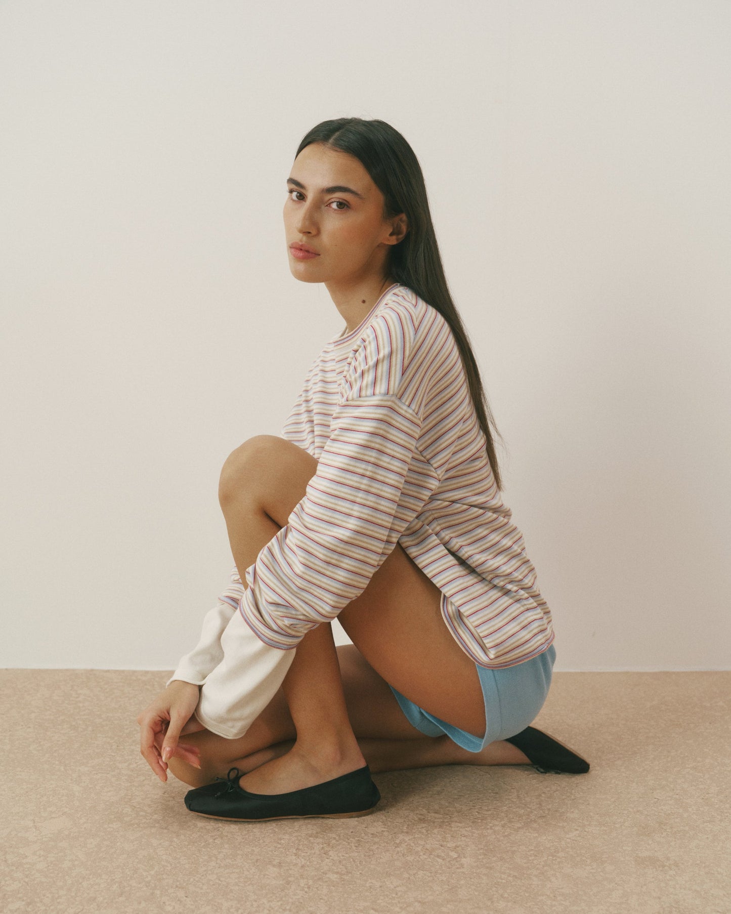 Varsity Knit Roll Hem Stripe Sweatshirt - Marshmallow White