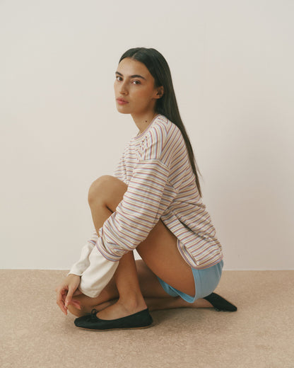 Varsity Knit Roll Hem Stripe Sweatshirt - Marshmallow White
