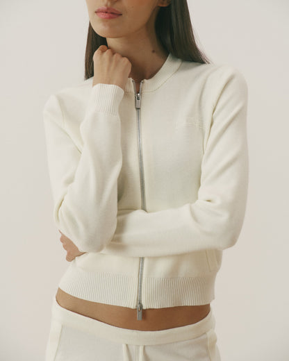 Varsity Knit Zip Through Cardigan - Marshmallow White