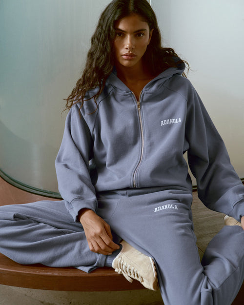 Varsity Loose Fit Full Zip Hoodie - Slate Blue