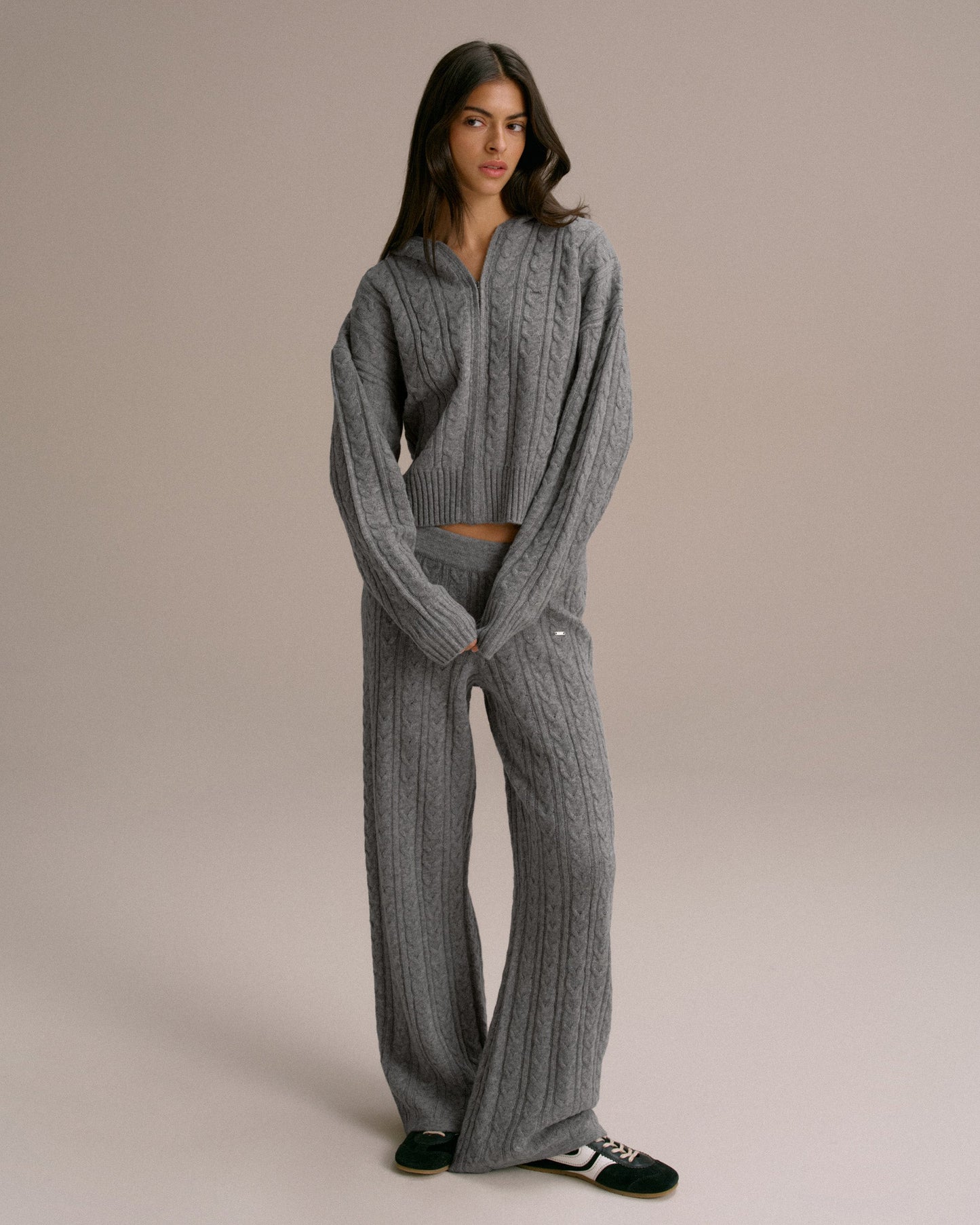 Cable Knit Straight Leg Trousers - Dark Grey Melange