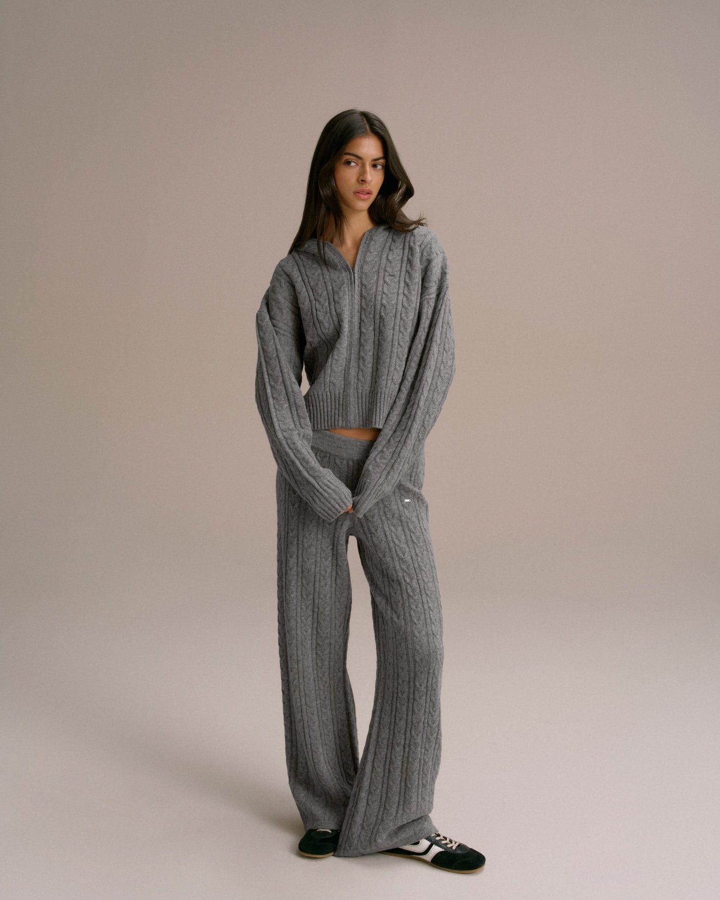 Cable Knit Zip Hoodie - Dark Grey Melange